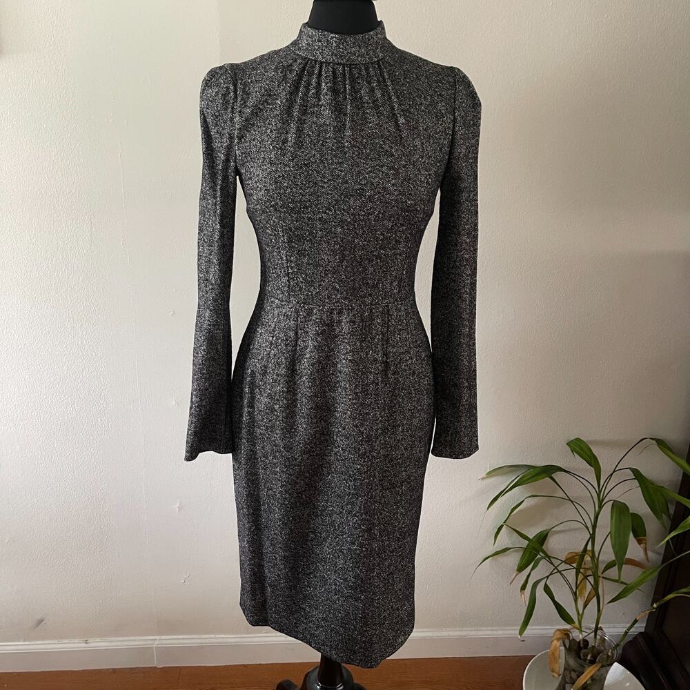 Dolce & Gabbana Wool Tweed Dress Womens IT46 US 10 Large Gray High Neck Silk